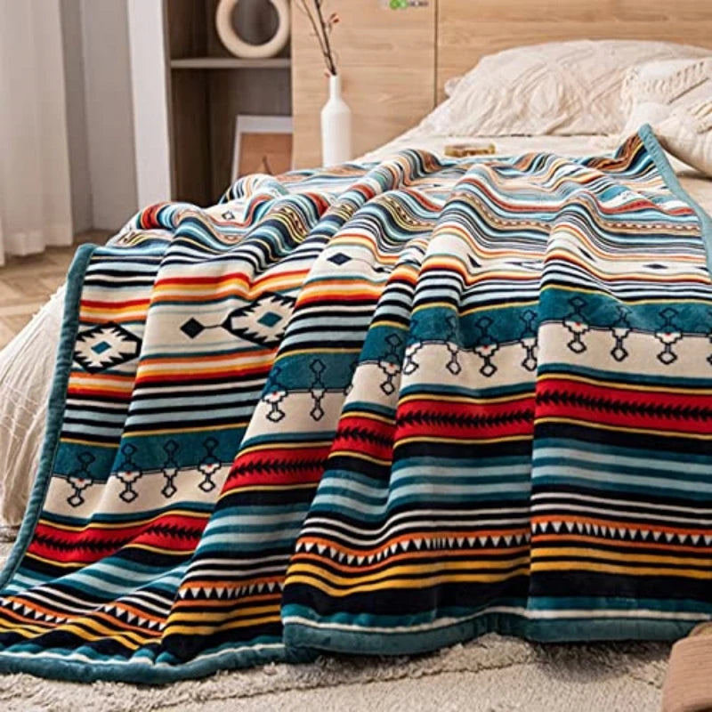Boho Sherpa Throw Striped Lightweight Plush Blanket