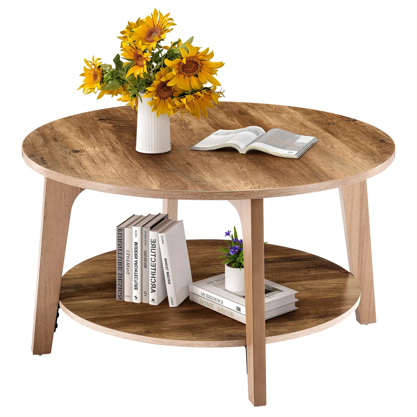 JHK Round Wood Coffee Table With Storage And Modern Design