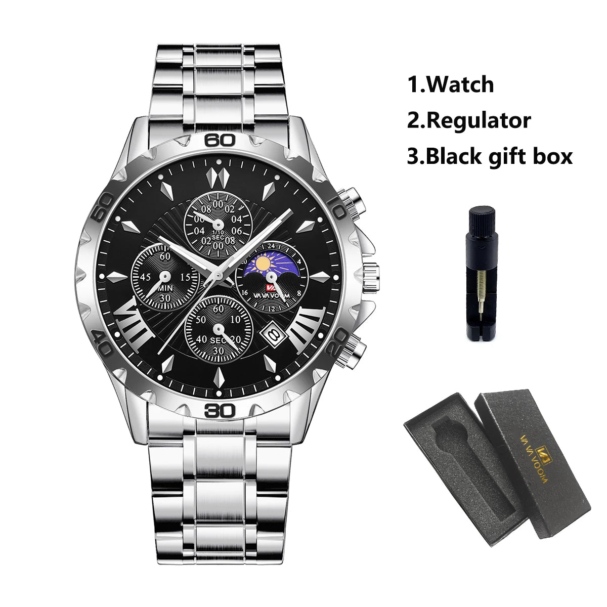Va Va Voom Top Brand Luxury Quartz Sports Watch for Men Waterproof Luminous Stainless Steel Chronograph Wristwatch