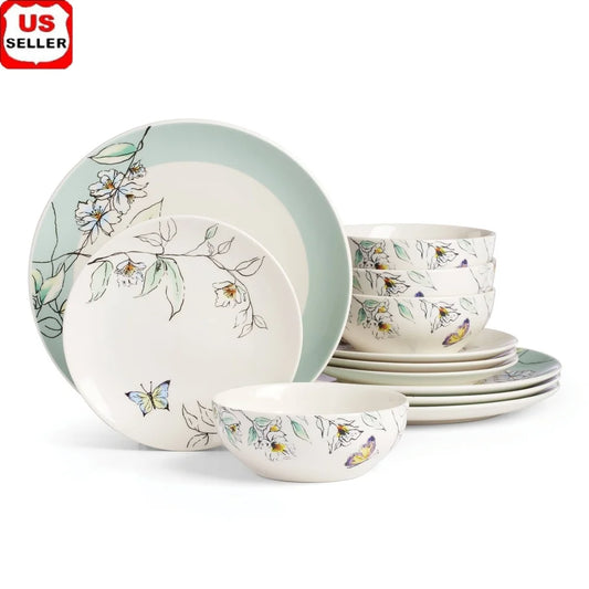Porcelain Dinnerware Set Butterfly Vine Pattern Dishwasher Safe
