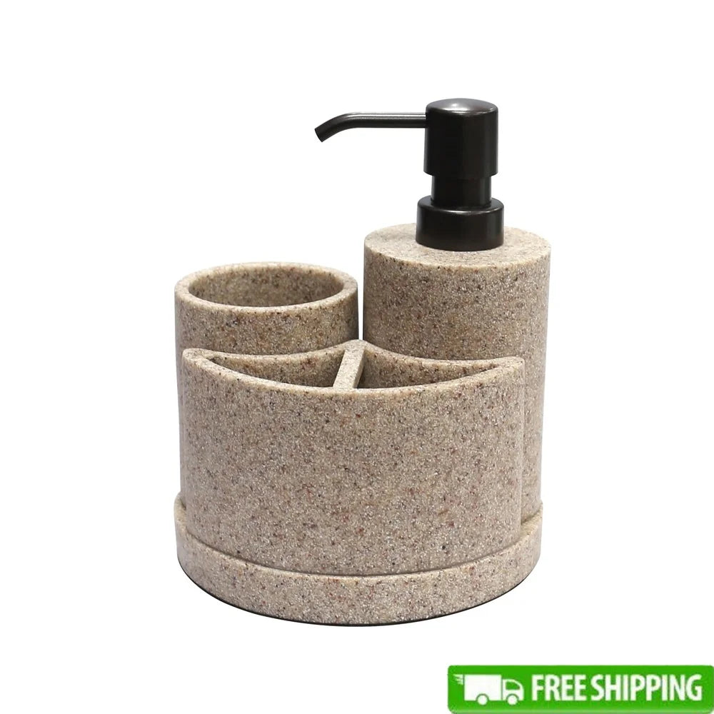Sandstone Bath Accessory Set Resin Soap Pump Toothbrush Holder Tumbler