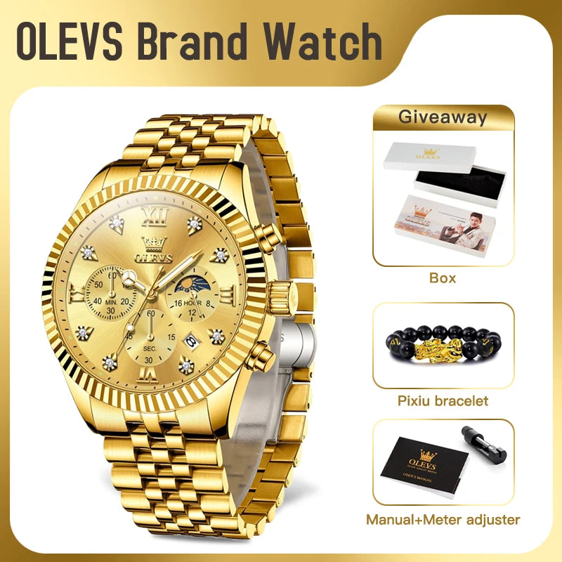 OLEVS Mens Luxury Calendar Quartz Watch with Moon Phase Feature