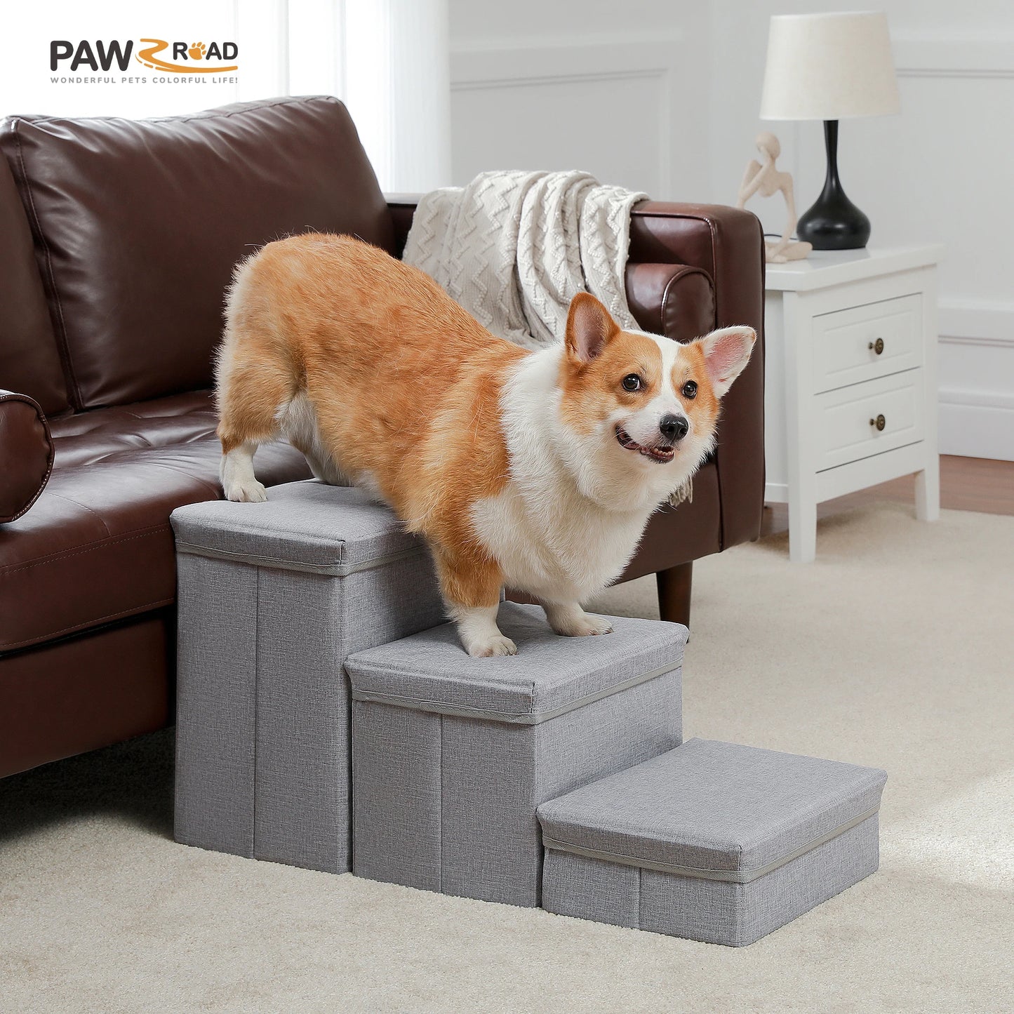 Three Tier Foldable Dog Stairs With Storage Non Slip Ramp
