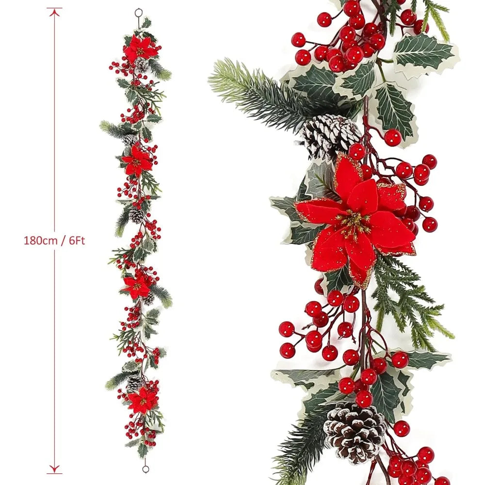 Berry Christmas Garland With Pine Cones Poinsettia And Holly