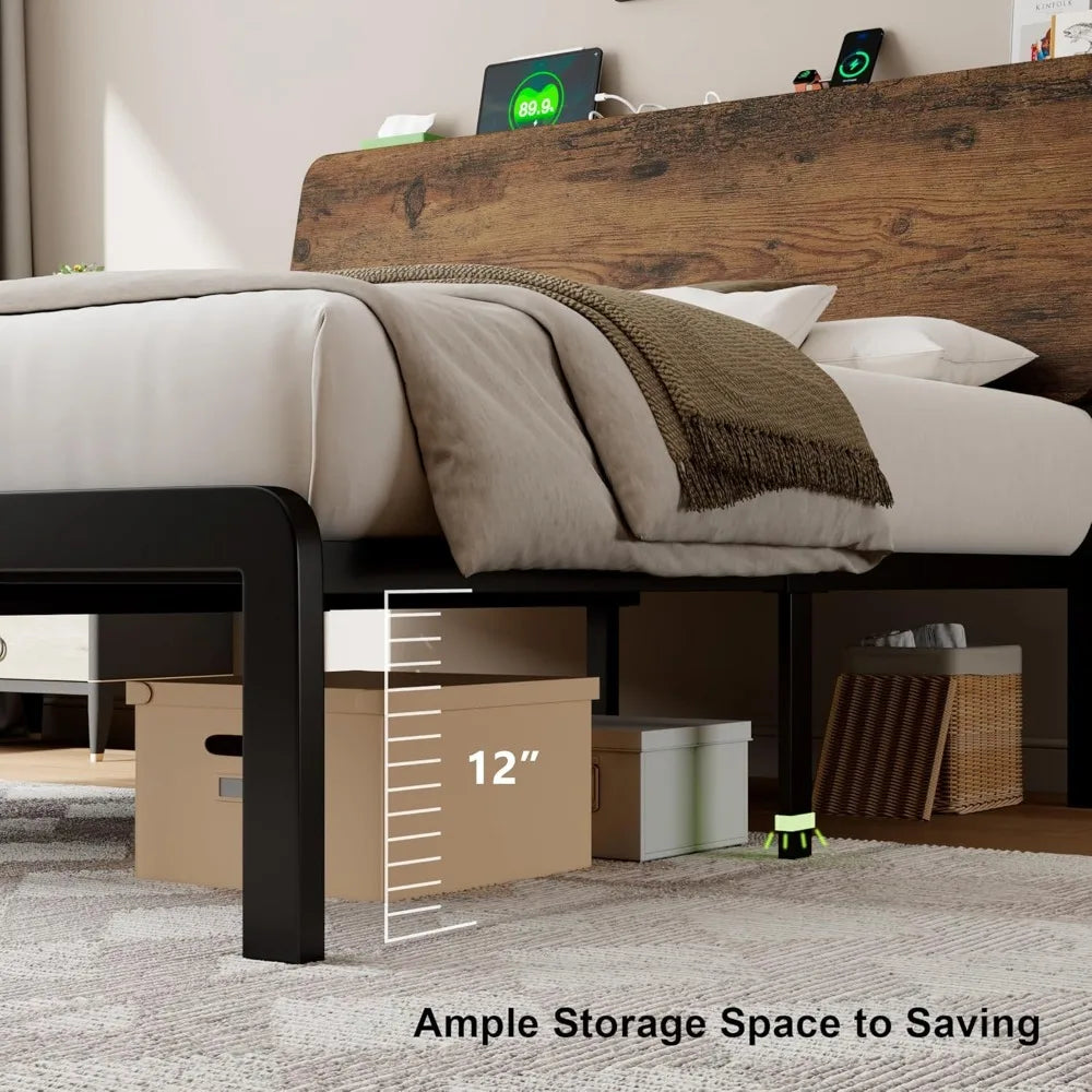 Bed Frame Storage Headboard LED Platform Charging Station