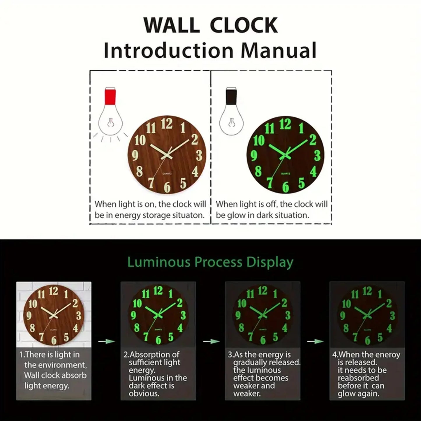 Glow In The Dark Wooden Wall Clock Silent Non Ticking