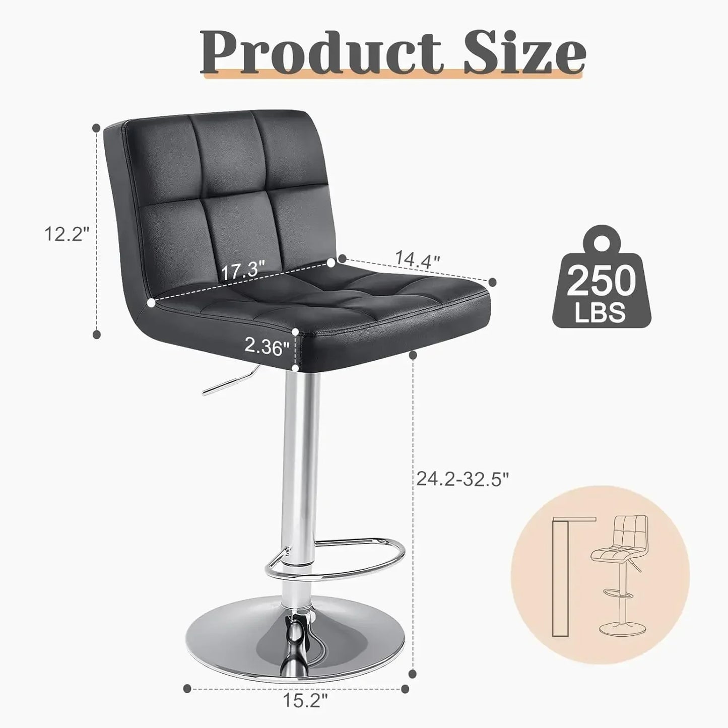 Set of 2 Armless Adjustable Swivel Bar Stools With Back