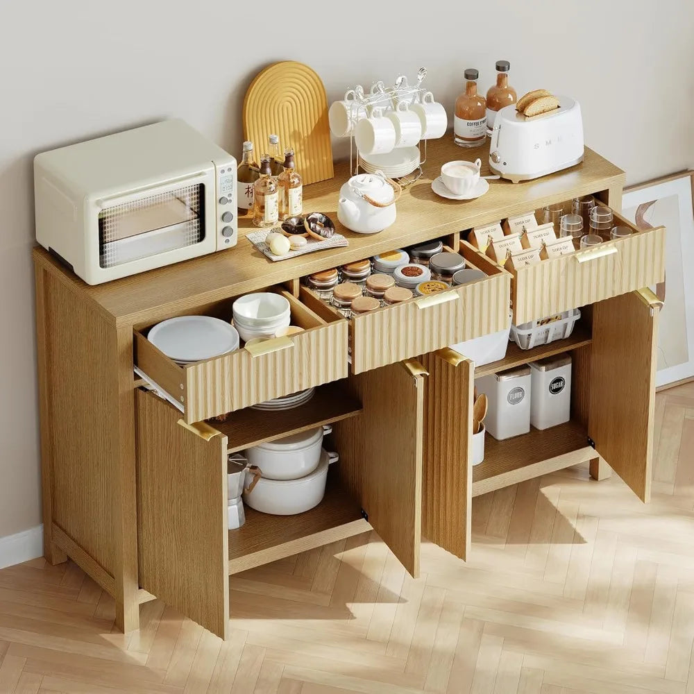 Fluted Buffet Sideboard With Drawers For Home Bar Storage