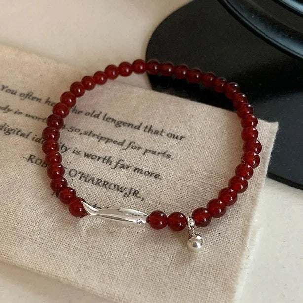 Real 925 Sterling Silver Agate Bead Fish Charm Bracelet