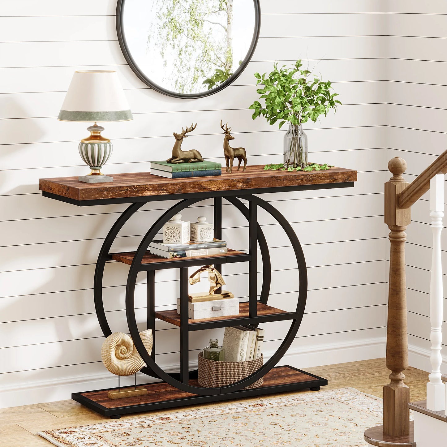 Industrial Console Table With Four Tier Shelves For Entryway