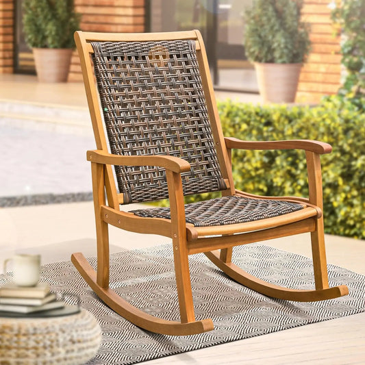 Durable Eucalyptus Wood Rocking Chair With Wicker Comfort For Patio