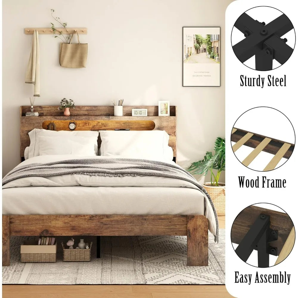 Wooden Storage Bed Frame With Headboard And Charging Station