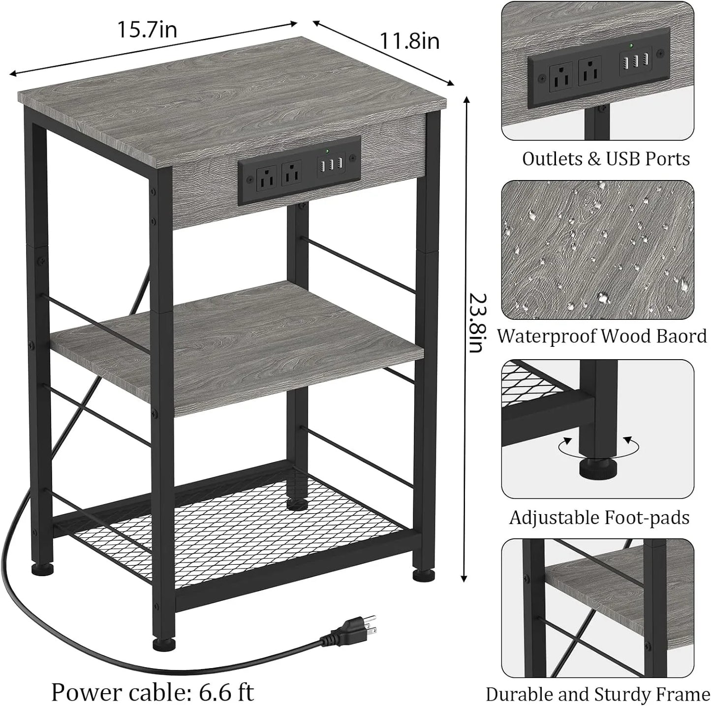 Bedside Table With Three Tier Charging Station And Storage Rack