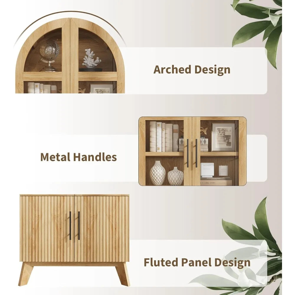 Modern Fluted Glass Door Pantry Cabinet Adjustable Shelves