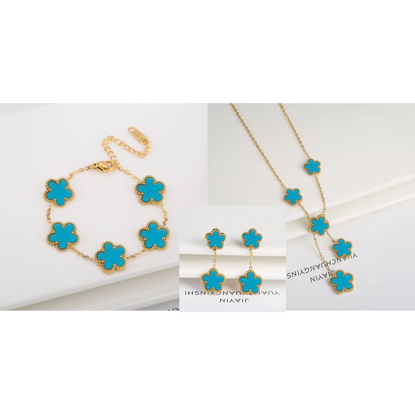 NONED Five-Leaf Clover Jewelry Set Necklace Earrings Bracelet