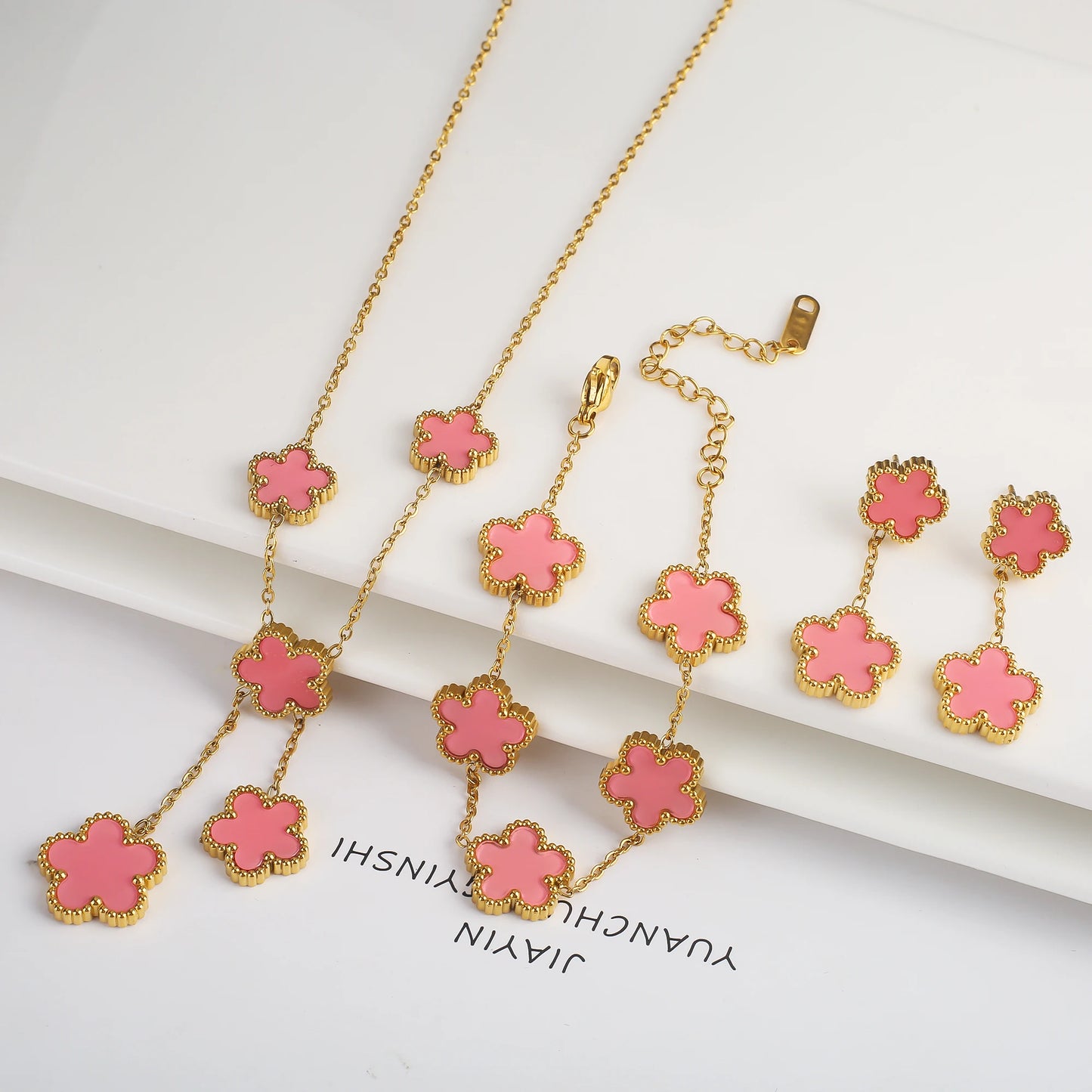 NONED Five-Leaf Clover Jewelry Set Necklace Earrings Bracelet