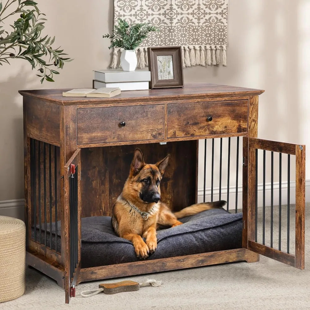 Wooden Dog Crate End Table With Storage Drawers Decorative