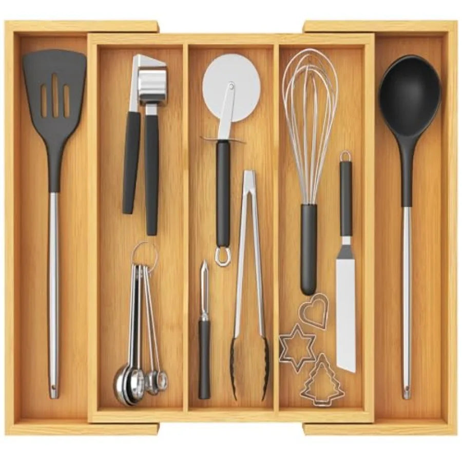 Expandable Bamboo Utensil Organizer for Kitchen Drawer Storage