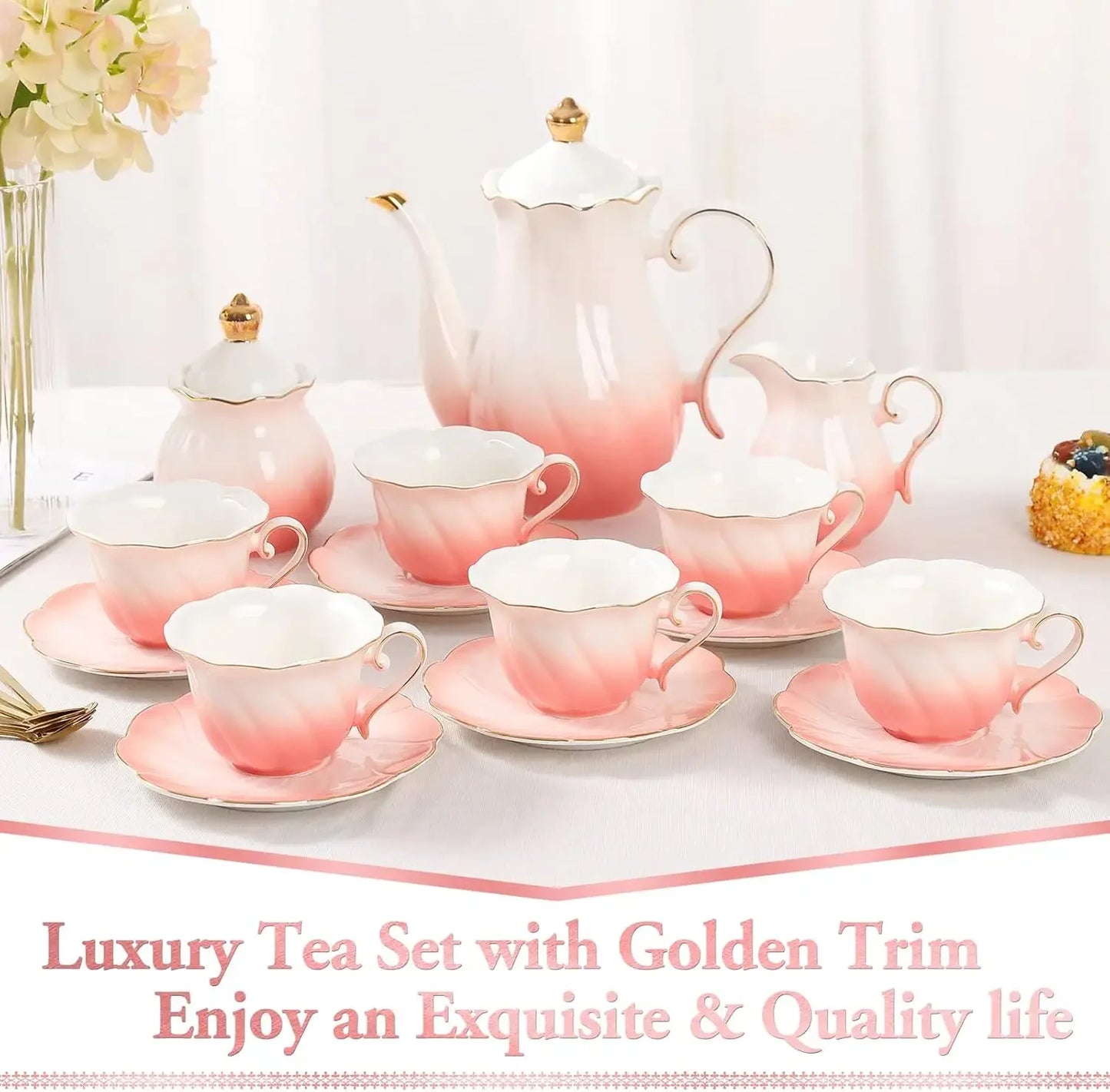 Luxury British Porcelain Tea Set For Six With Gold Trim