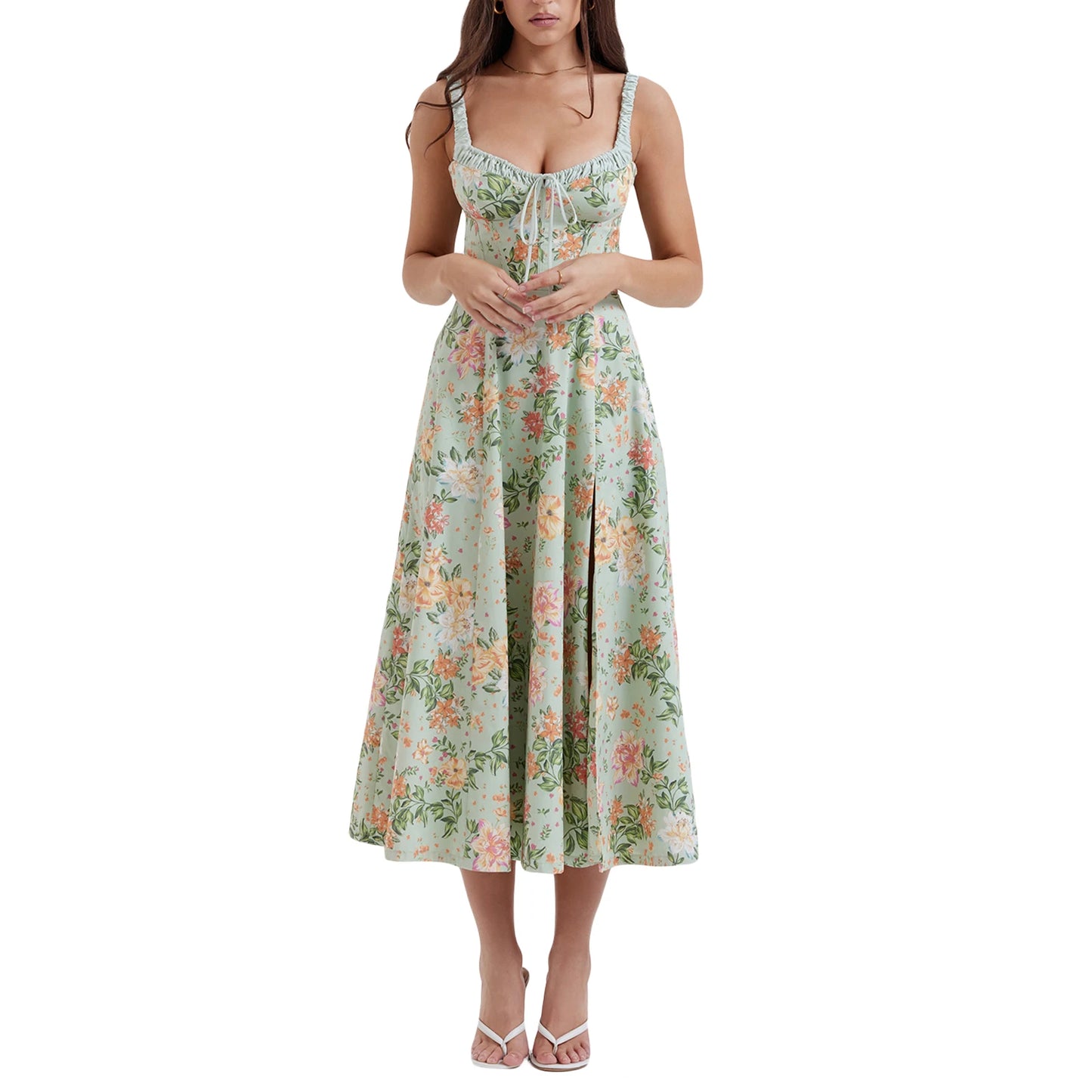 Women Summer Casual Midi Dress Floral Print Low Cut Sleeveless Sling Backless Fashion Dress