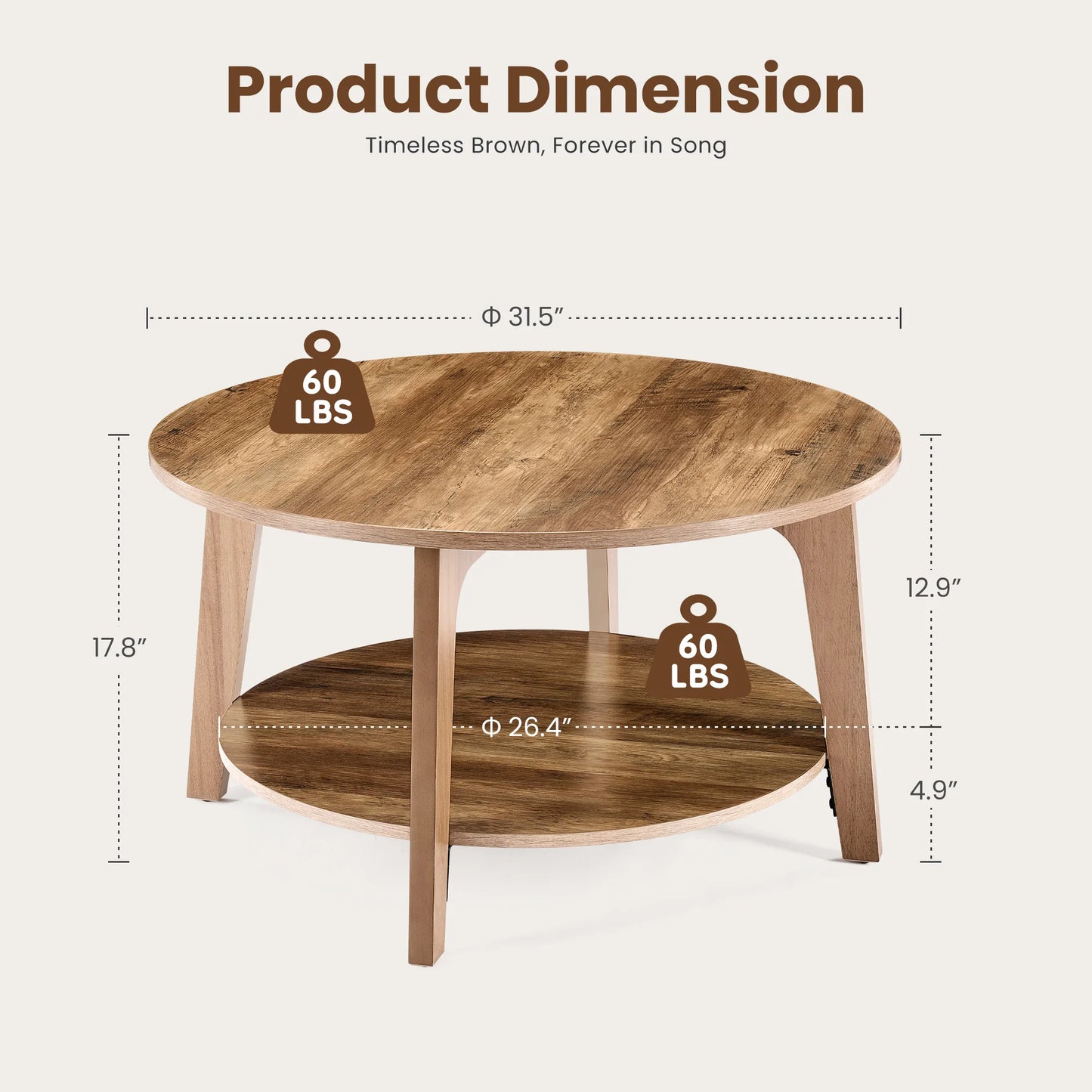 JHK Round Wood Coffee Table With Storage And Modern Design