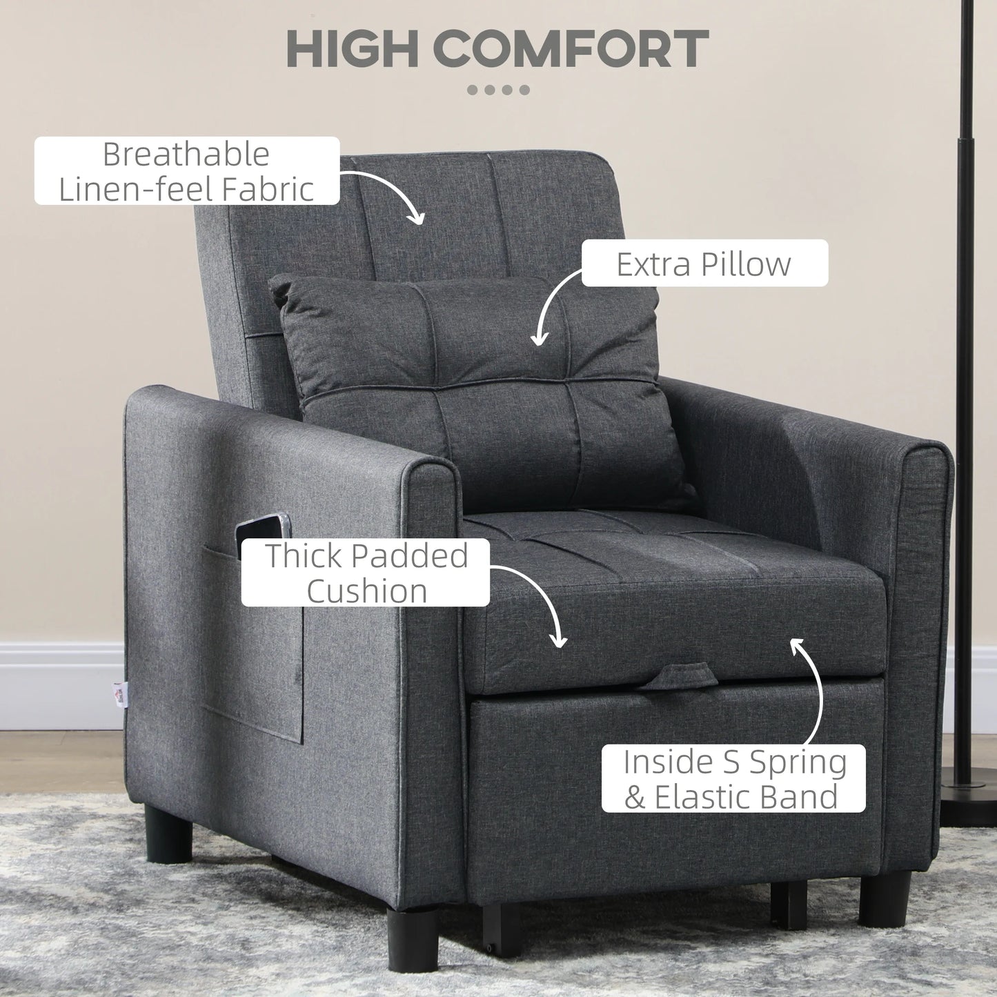HOMCOM 3-In-1 Convertible Chair Bed With Adjustable Backrest