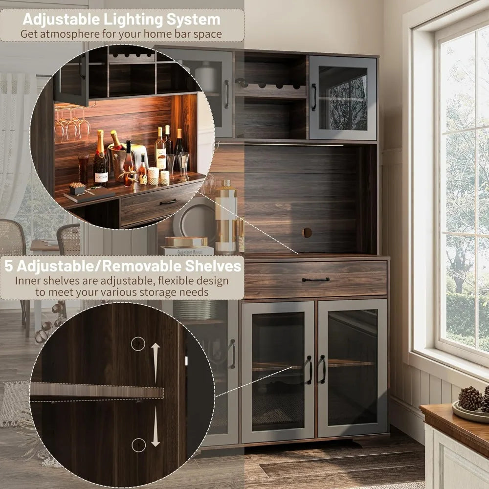 Rustic Coffee Bar Cabinet with Power Outlet and LED Lights