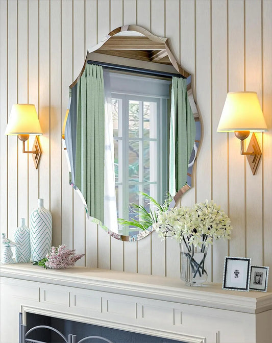 Frameless Scalloped Oval Wall Mirror Decor Beveled Edge Vanity Mirror for Bathroom Bedroom Living Room Dining Room Entry