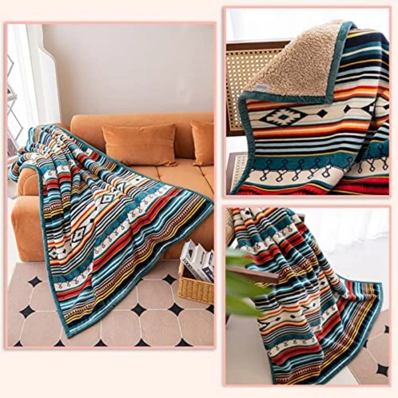 Boho Sherpa Throw Striped Lightweight Plush Blanket