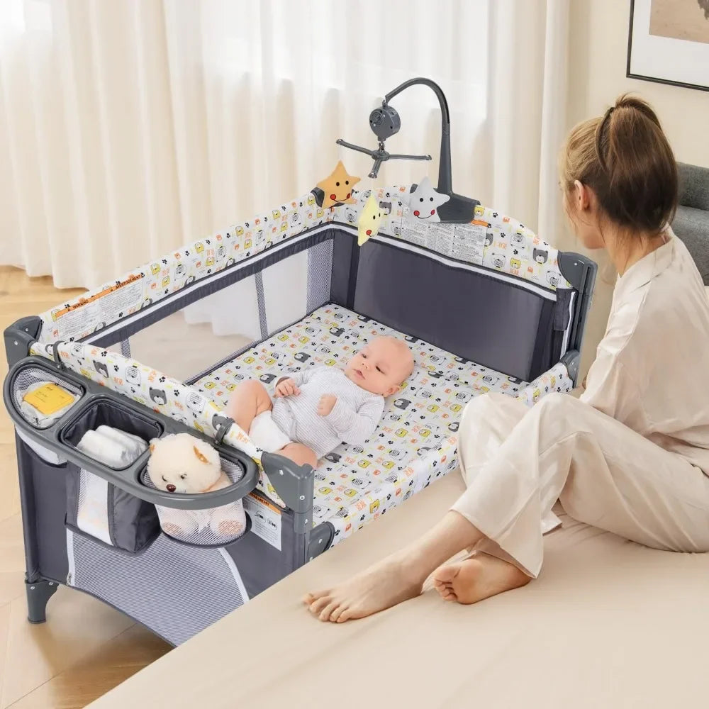 5 in 1 Baby Bedside Sleeper with Bassinet Diaper Changer Mattress Carry Bag and Music Box Hanging Toys Bear