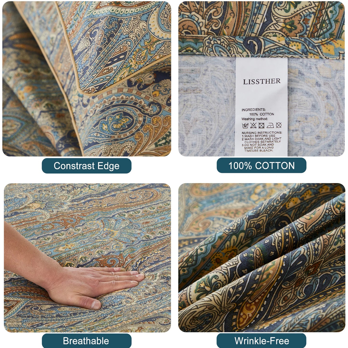 Egyptian Cotton Duvet Cover Set Vintage Paisley Pattern
