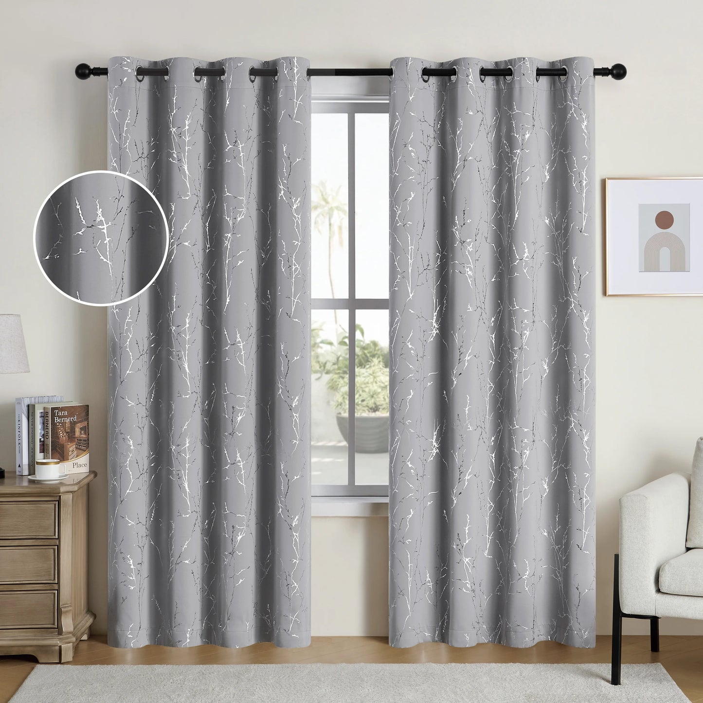 Pack Of 2 Blackout Curtains Grommet Thermal Insulated Room Darkening Tree Print For Bedroom