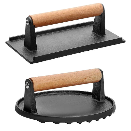 Two Pack Cast Iron Grill Press With Wood Handle Preseasoned