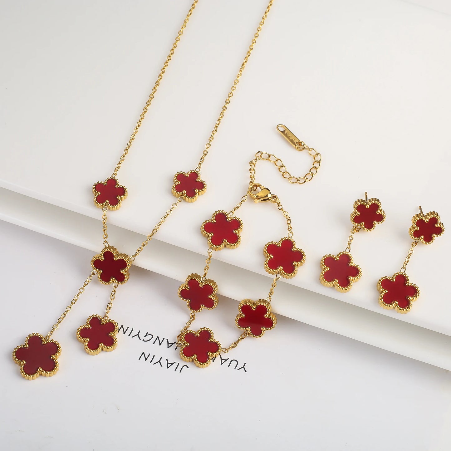 NONED Five-Leaf Clover Jewelry Set Necklace Earrings Bracelet
