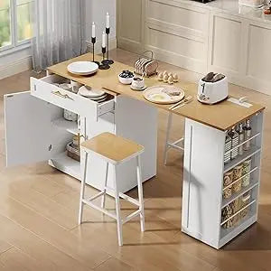 Modern Kitchen Island With Extendable Dining Table And Rolling Storage