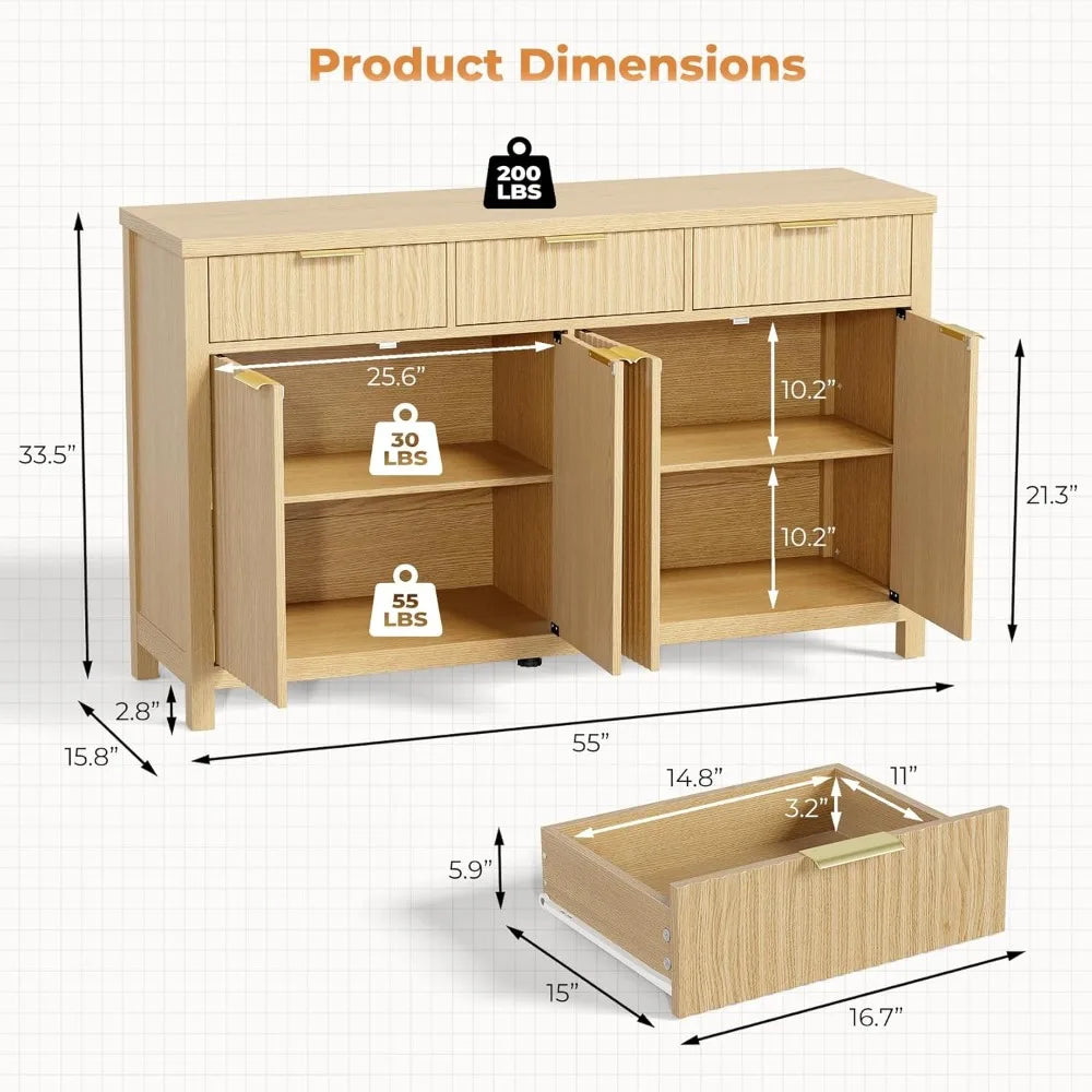 Fluted Buffet Sideboard With Drawers For Home Bar Storage
