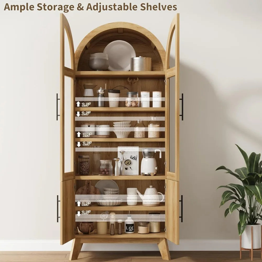 Modern Fluted Glass Door Pantry Cabinet Adjustable Shelves