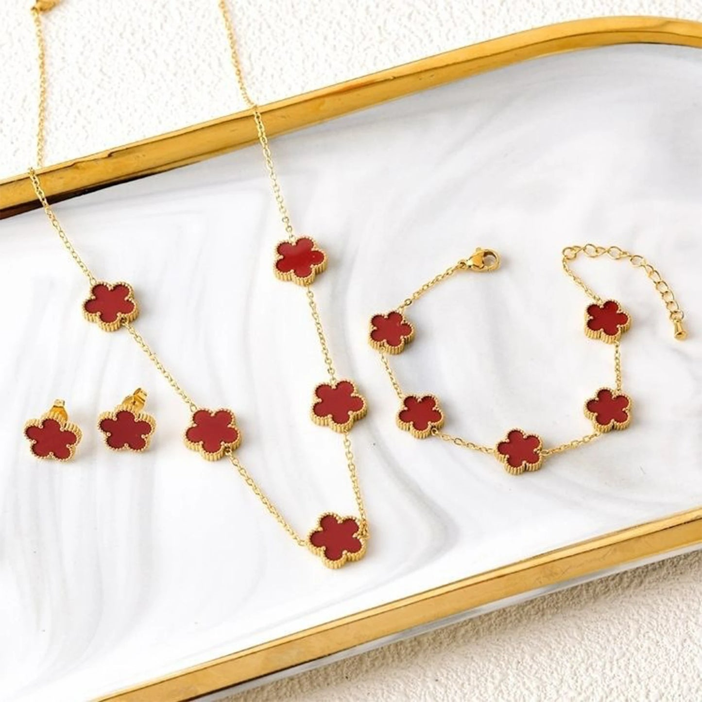 NONED Five-Leaf Clover Jewelry Set Necklace Earrings Bracelet