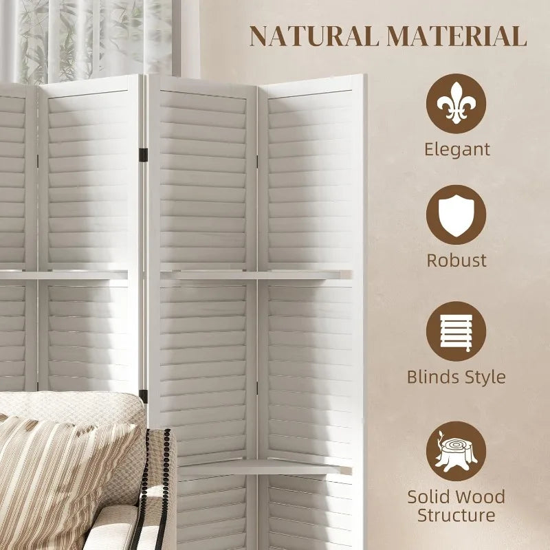 Room Divider 6 Panel Wood Privacy Screen With Display Shelves Folding Storage