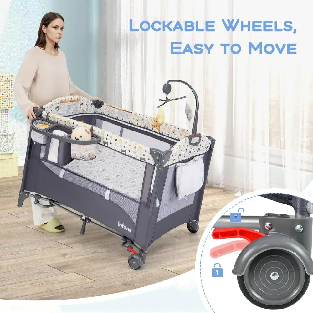 5 in 1 Baby Bedside Sleeper with Bassinet Diaper Changer Mattress Carry Bag and Music Box Hanging Toys Bear