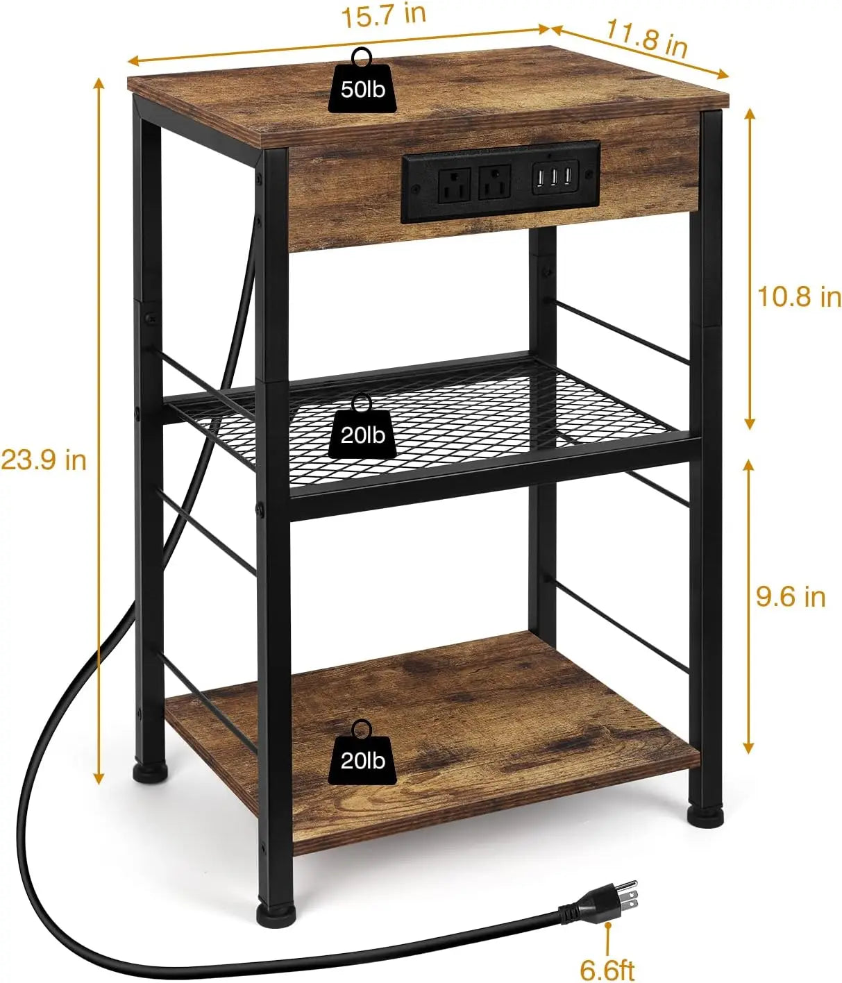 Bedside Table With Three Tier Charging Station And Storage Rack