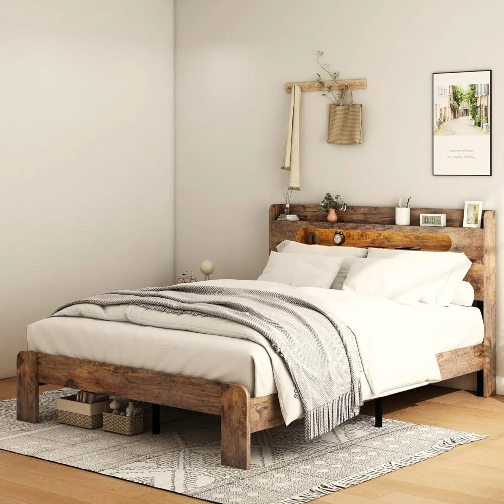 Wooden Storage Bed Frame With Headboard And Charging Station