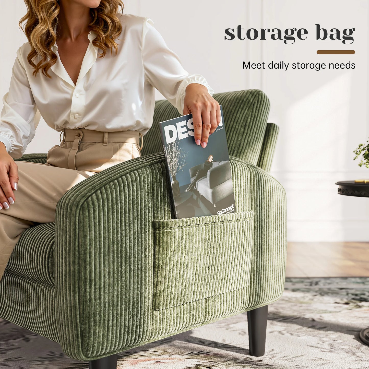 EnHomee Modern Armchair With Side Pockets And Metal Frame