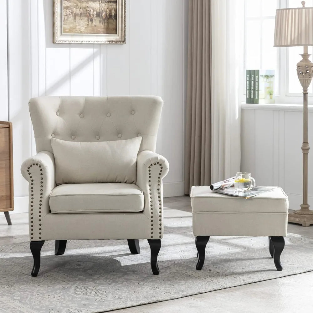 Mid Century Linen Wingback Armchair With Tufted Back