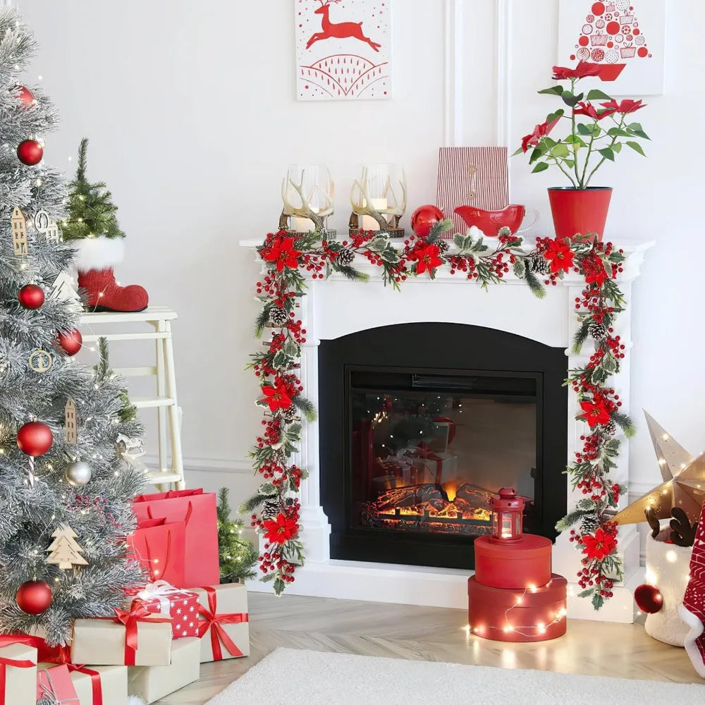 Berry Christmas Garland With Pine Cones Poinsettia And Holly