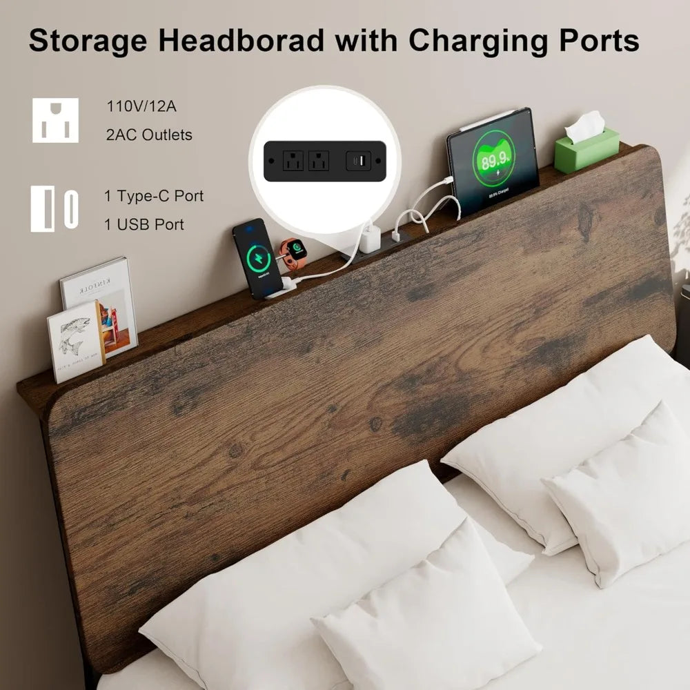 Bed Frame Storage Headboard LED Platform Charging Station