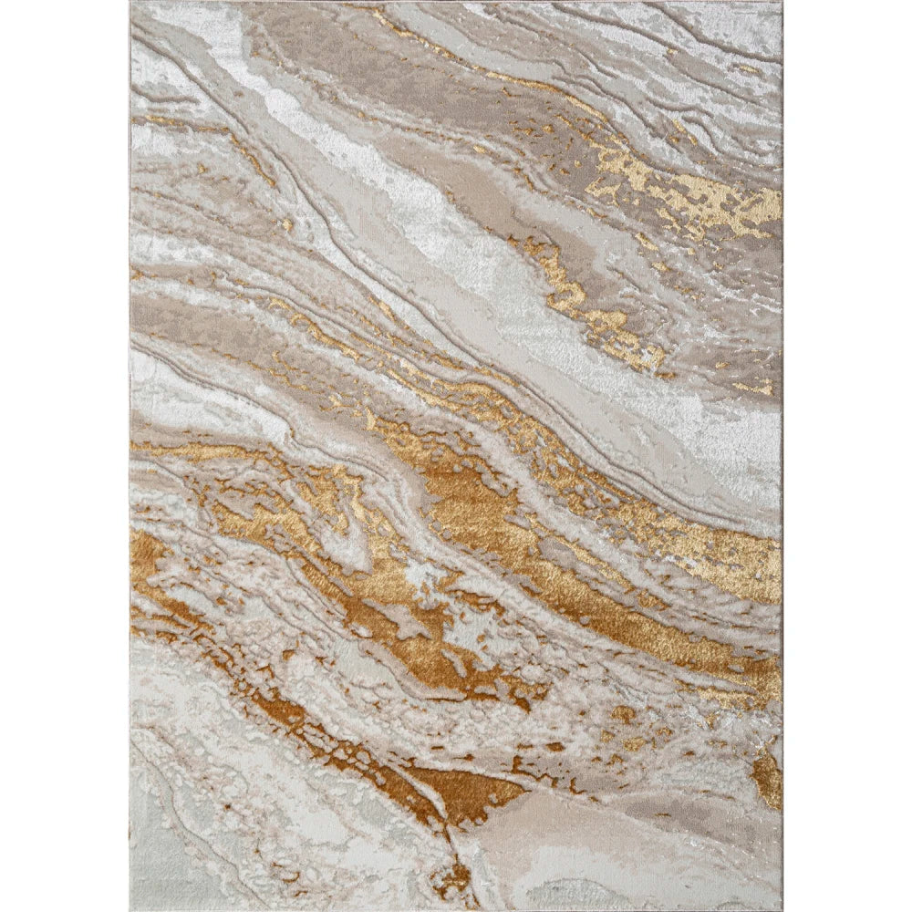 Adina Luxury Area Rug in Beige and Gold Abstract Design