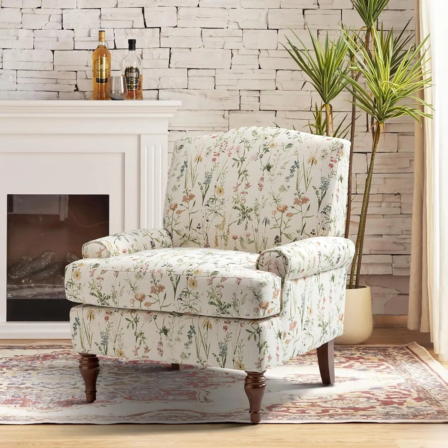 Floral Upholstered Accent Chair With Removable Cushion
