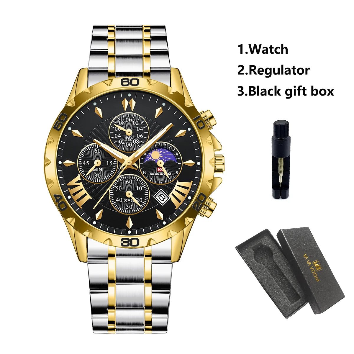 Va Va Voom Top Brand Luxury Quartz Sports Watch for Men Waterproof Luminous Stainless Steel Chronograph Wristwatch