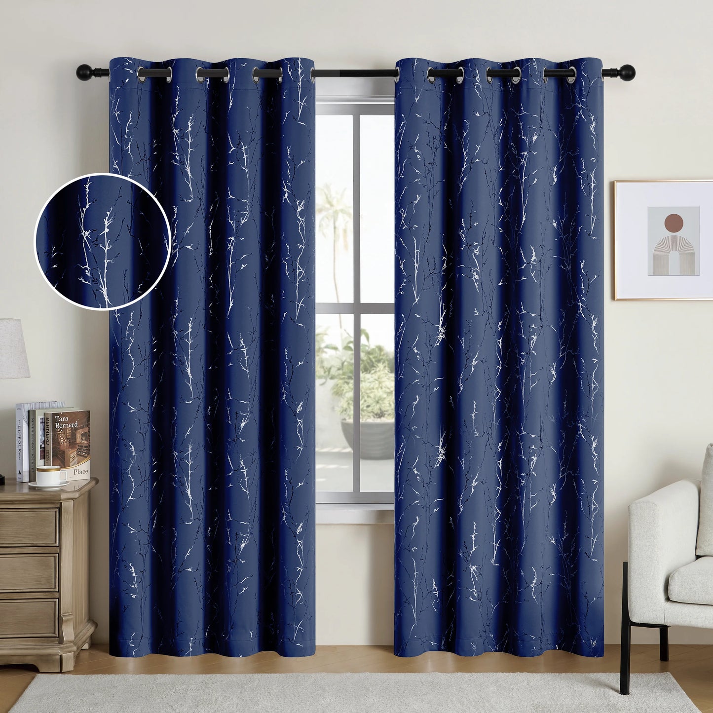 Pack Of 2 Blackout Curtains Grommet Thermal Insulated Room Darkening Tree Print For Bedroom